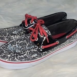 Sperry Topsider Biscayne Floral Sequin Black/White Shoes. Size 9